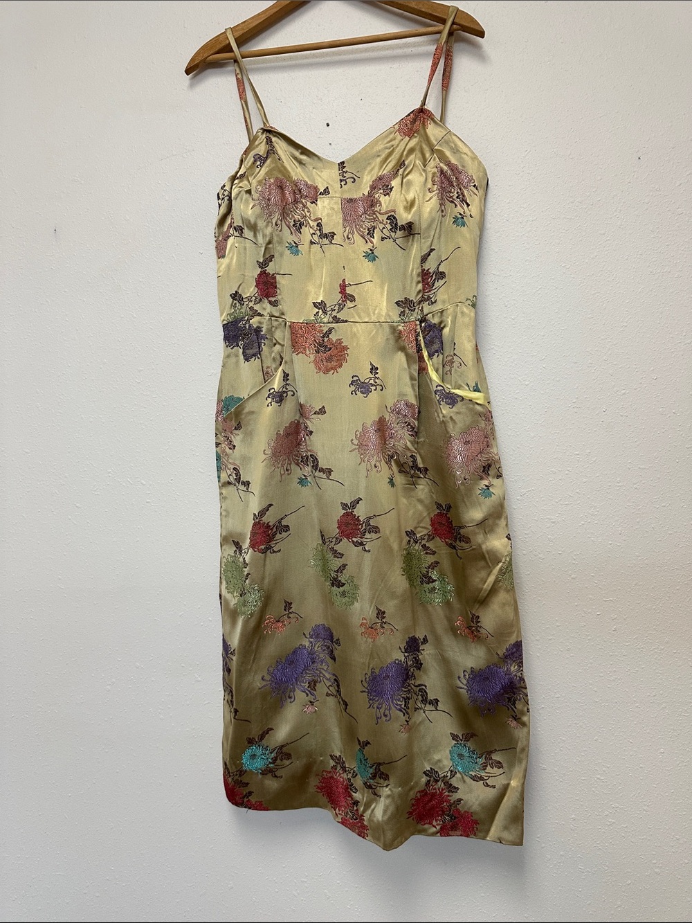 Vintage 1960s formal sheath gown Silk Floral Slip Dress in Gold
